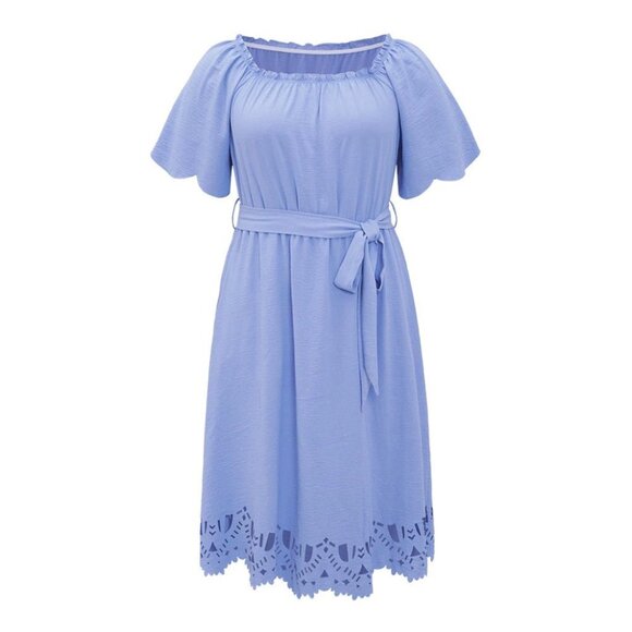 NWT BloomChic Blue Laser Cut Pocket Belted Frill Trim Off Shoulder Dress 12/L - Picture 9 of 12